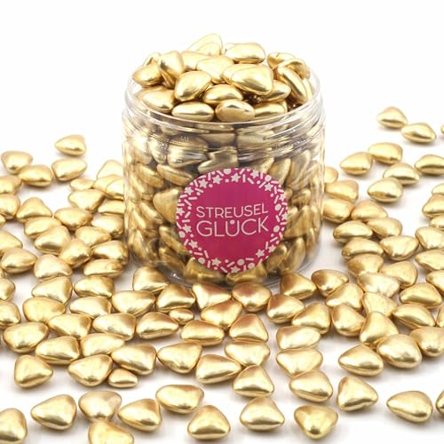 STREUSEL GLÜCK Streusel Schokoherzen gold 180g | ca. 200 Stück goldene Herzen Zuckerstreusel Sprinkles | Tortendeko für Hochzeit Geburtstag Kindergeburtstag Cupcakes | Plätzchen Torte Kuchen Muffins von STREUSEL GLÜCK wir streuseln Liebe