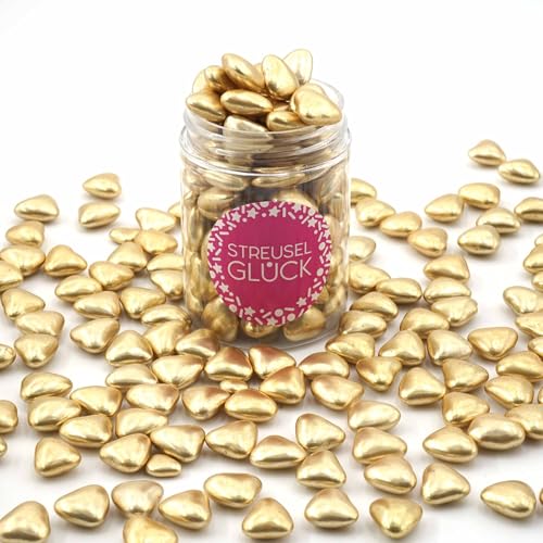 STREUSEL GLÜCK Streusel Schokoherzen gold 90g | ca. 100 Stück goldene Herzen Zuckerstreusel Sprinkles | Tortendeko für Hochzeit Geburtstag Kindergeburtstag Cupcakes | Plätzchen Torte Kuchen Muffins von STREUSEL GLÜCK wir streuseln Liebe