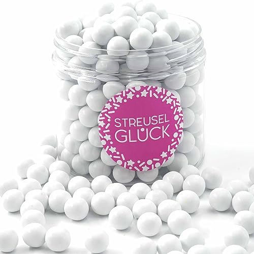 STREUSEL GLÜCK Streusel Tortendeko Schokokugeln weiss glanz 180g - Zuckerstreusel Geburtstag Kuchendeko Weihnachten Schokoperlen - Sprinkles Deko Plätzchen Torte Kuchen Cupcakes - essbare Streudeko von STREUSEL GLÜCK wir streuseln Liebe