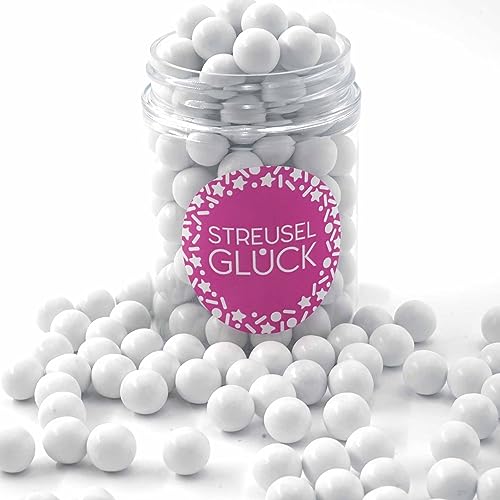 STREUSEL GLÜCK Streusel Tortendeko Schokokugeln weiss glanz 90g - Zuckerstreusel Geburtstag Kuchendeko Weihnachten Schokoperlen - Sprinkles Deko Plätzchen Torte Kuchen Cupcakes - essbare Streudeko von STREUSEL GLÜCK wir streuseln Liebe