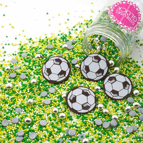 Streusel Glück Fussball grün silber gelb weiss Fussball 90g Zuckerstreusel Sprinkles Tortendeko Geburtstag Kindergeburtstag Verzierung von Plätzchen Torte Kuchen Cupcakes Muffins von STREUSEL GLÜCK wir streuseln Liebe