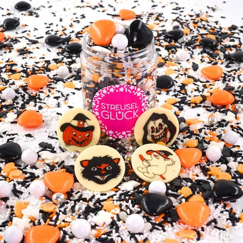 Streusel Glück Halloween Süßes oder Saures weiss orange schwarz 90g Halloweenstreusel Fledermäuse Geister | essbare Tortendeko | Zuckerstreusel Plätzchendeko Plätzchen Kekse verzieren | Sprinkles von STREUSEL GLÜCK wir streuseln Liebe