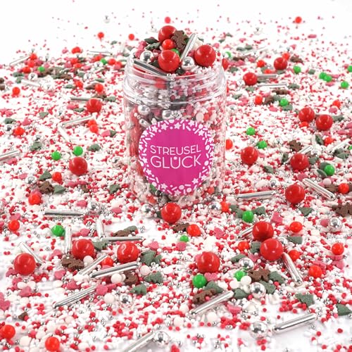 Streusel Glück Weihnachten Rentierglitter weiss rot grün silber 90g Weihnachtsstreusel Rentiere | essbare Tortendeko Christmas | Zuckerstreusel Plätzchendeko Plätzchen Kekse verzieren | Sprinkles von STREUSEL GLÜCK wir streuseln Liebe