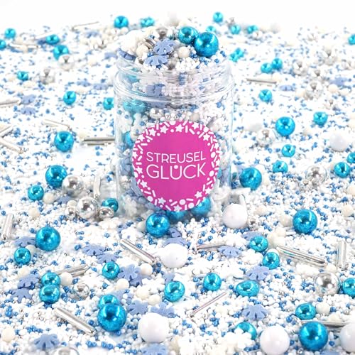 Streusel Glück Weihnachten Schneezauber weiss blau silber 90g Weihnachtsstreusel Schneeflocken | essbare Tortendeko Christmas | Zuckerstreusel Plätzchendeko Plätzchen Kekse verzieren | Sprinkles von STREUSEL GLÜCK wir streuseln Liebe