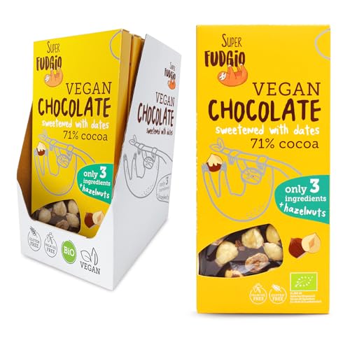 SUPER FUDGIO BIO Vegane Schokolade mit Haselnüssen | Bio - nur 3 Zutaten | Gesüßt mit Datteln statt Zucker | Glutenfrei | 100g von SUPER FUDGiO