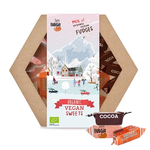 SUPER FUDGiO Bio-Vegan Bonbons im Mix - Weihnachtsgeschenkbox | Glutenfrei | Organic Karamellbonbons ohne Palmöl | mit Bio Kokosmilch und Kokosnusszucker | 195g | Toffee, Kakao, Karmel und Salz von SUPER FUDGiO