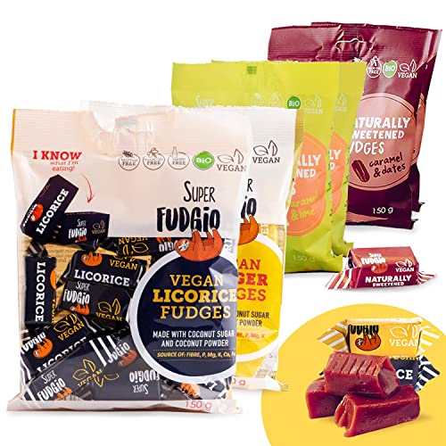 SUPER FUDGiO Organic Bonbons - Neuheiten Mix - Vegan und Glutenfrei - Bio Karamellbonbons ohne Palmöl | 6 x 150g | 2xDattel, 2xLimette, Ingwer, Lakritz von SUPER FUDGiO