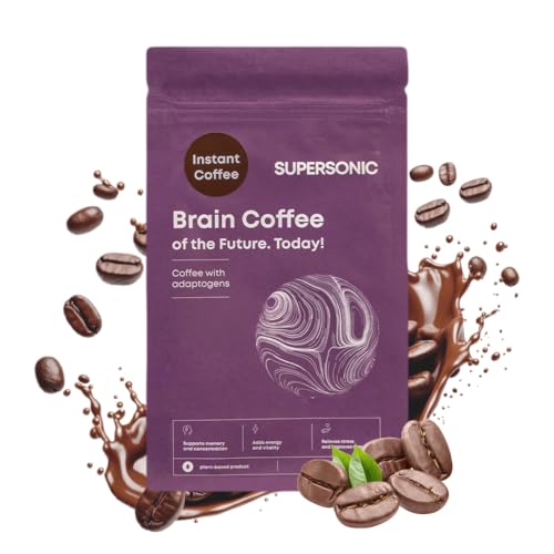 Supersonic food Brain Coffee - Kaffee mit Adaptogenen 180 g - Löslicher Kaffee Alternative mit Löwenmähne, Cordyceps Pulver, Cholin Extrakt, Ginkgo Biloba, Niacin - Nootropic Brain Booster von Supersonic