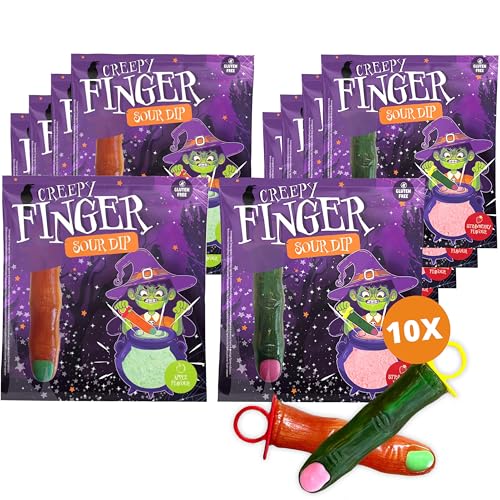 10er Set Creepy Finger Lollies – Halloween Süßigkeit mit Sour Dip, je 5x Apfel und je 5x Erdbeere à 40g, Ideal für Halloween-Partys, als Hexenfinger- Streudeko oder Spassartikel, Glutenfreie Süßigkeit von SWEET BUDDIES