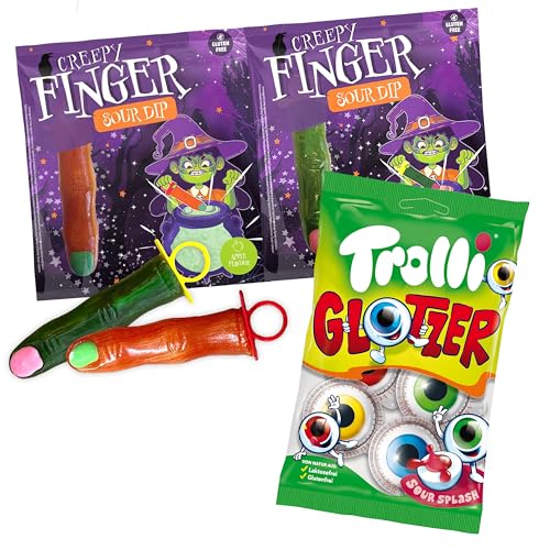 2x Creepy Finger Saure Lollis (1x Erdbeere & 1x Apfel) je 40g, 1x Trolli Glotzer (75g) & Geistersticker – Halloween Grusel Set, Perfekte Süßigkeiten-Mischung für schaurige Partys & Kindergeburtstage! von SWEET BUDDIES