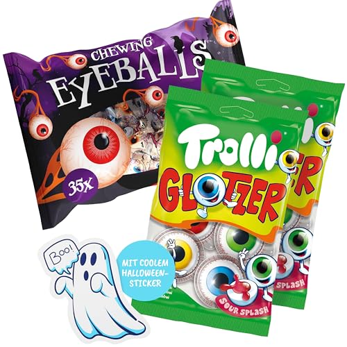 2x Trolli Glotzer (je 75g), 35 Kaugummi Eyeballs & 1 Geistersticker - Halloween Geschenkidee Grusel Set – Perfekt für Partys & Kindergeburtstage – Süßes oder Saures mit Gruselfaktor von SWEET BUDDIES