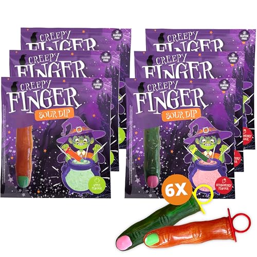 6er Set Creepy Finger Lollies – Halloween Süßigkeit mit Sour Dip, je 3x Apfel und je 3x Erdbeere à 40g, Ideal für Halloween-Partys, als Hexenfinger- Streudeko oder Spassartikel, Glutenfreie Süßigkeit von SWEET BUDDIES