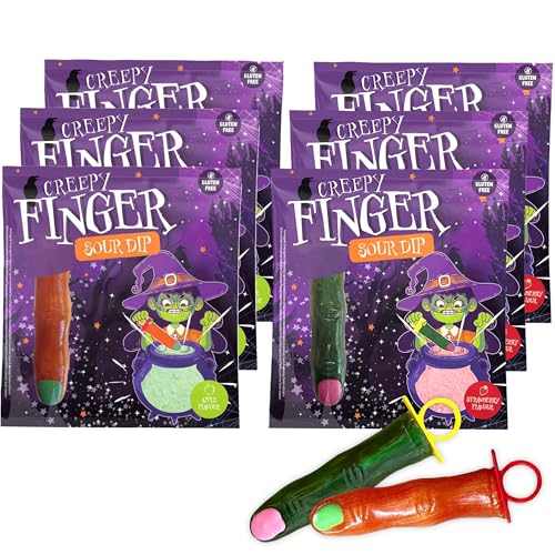 6er Set Creepy Finger Lollies – Halloween Süßigkeit mit Sour Dip, je 3x Apfel und je 3x Erdbeere à 40g, Ideal für Halloween-Partys, als Hexenfinger- Streudeko oder Spassartikel, Glutenfreie Süßigkeit von SWEET BUDDIES