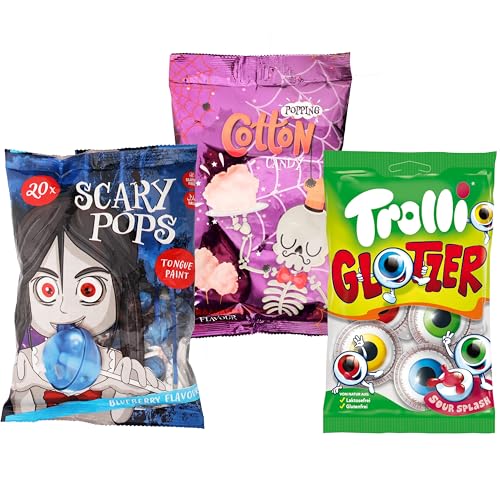 Halloween 3er Süßigkeiten Set: 65g Knisternde Zuckerwatte (Erdbeere), 75g Trolli Glotzer & 200g Scary Blauberre Lollis (20 Stück, zungenfärbend) – Ideal für schaurige Partys & Kindergeburtstage! von SWEET BUDDIES