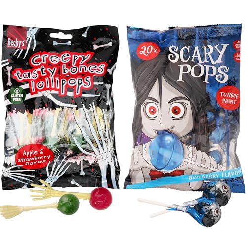 Halloween Lolli-Mix: Scary Pops (200g) Zungenfärber mit Blaubeer-Geschmack & Creepy Bones Lollipops (80g) Erdbeer-Apfel Geschmack, Glutenfrei, Ideal für die Candy Bar und Mitgebsel von SWEET BUDDIES