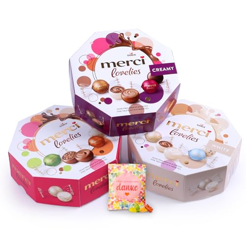 Merci Lovelies Classic, Creamy & White Set (3x185g) – Edle Pralinen in 9 verschiedenen Sorten wie weiße Mandel, Nougat Crunch oder Cappuccino Creme – Schokopralinen mit cremiger Füllung von SWEET BUDDIES