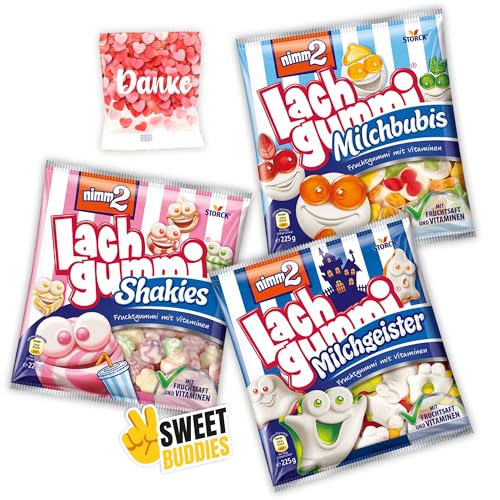 Milchbubis, Milchgeister, Shakies je 225g + Trolli Bären 10g + Sticker, Großpackung Snacks mit Vitaminen & Milch, Süßigkeiten Mix, lustige Naschbox, Gummibärchen, Lachgummi Yogurt, Süsichkeiten von SWEET BUDDIES