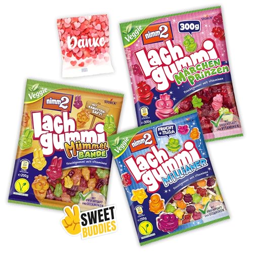 Mümmelbande 200g, Märchenprinzen 300g, Millianer 250g + Trolli Bären 10g + Sweet Buddies Sticker – Snacks Großpackung mit Vitaminen & Fruchtsaft, ideal für Naschboxen & Süßigkeiten Mix von SWEET BUDDIES