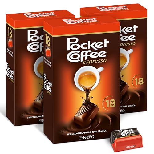 Pocket Coffee Espresso – 3 Packungen à 18 Pralinen (3 x 225g) – Schokolade gefüllt mit Kafee – Süßigkeiten mit 100% Arabica Espresso – Ideal für unterwegs – Ein süßer Genuss mit Koffein von SWEET BUDDIES