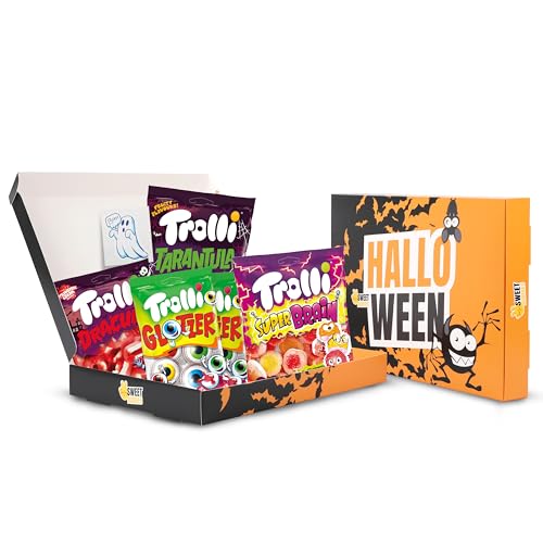 Sweet Buddies Halloween Süßigkeiten Best-Seller-Box mit 4 Tüten für: Trolli Tarantula, Trolli Dracula, Trolli Glotzer, Trolli Super Brain, Geisteraufkleber - 400g, Fruchtgummis - laktose & glutenfrei von SWEET BUDDIES