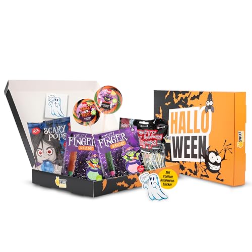 Sweet Buddies Halloween Lolli-Mix-Box mit 32 Becky´s Lollies - Swirl-Lolli, Creepy Finger, Scary Pops, Creepy tatsty Bones, Geisteraufkleber - 500gr, Lollipos, süssigkeiten - glutenfrei Lutscher von SWEET BUDDIES