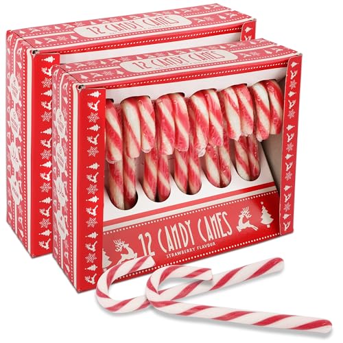 Weihnachtliche Zuckerstangen Erdbeere Geschmack - 24 rot-weiße Candy Canes, 12g pro Stück - in roter Geschenkbox - Perfekt für Weihnachtsdeko, Baumdeko & als Süßigkeit für den Weihnachtsteller von SWEET BUDDIES