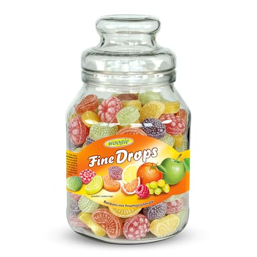 Woogie Fruchtmix Bonbons 966g – Bunte Zuckersteine in 5 fruchtigen Geschmacksrichtungen (Apfel, Himbeere, Orange, Traube und Zitrone) – Hartkaramellen in dekorativem Bonbonglas – Retro-Fruchtmischung von SWEET BUDDIES