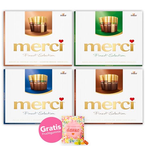 merci Finest Selection 4er Set (960g) – Helle Vielfalt, Herbe Vielfalt, Mandel Knusper Vielfalt & Mousse au Chocolat Vielfalt – 13 edle Schokoladen-Kompositionen für ganz besondere Genussmomente von SWEET BUDDIES