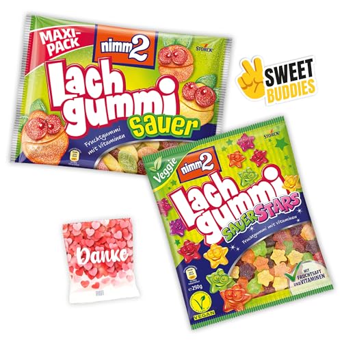 nimm2 Lachgummi Sauer 376g Maxi Pack & Sauer Stars 250g Veggie + Trolli Herzen „Danke“ 10g & Sweet Buddies Sticker – Süßigkeiten mit Fruchtsaft, XXL Süßigkeiten Mix für Geschenkkörbe und Naschbox von SWEET BUDDIES