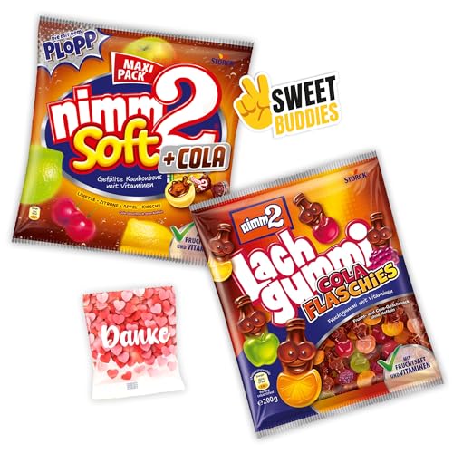 nimm2 Soft +Cola 345g Maxi Pack & Lachgummi Cola Flaschies 200g – Frucht- & Cola-Geschmack mit Fruchtsaft & Vitaminen + Trolli Bären 10g & Sticker – Süßigkeiten für Naschbox, Süsichkeiten, Großpackung von SWEET BUDDIES