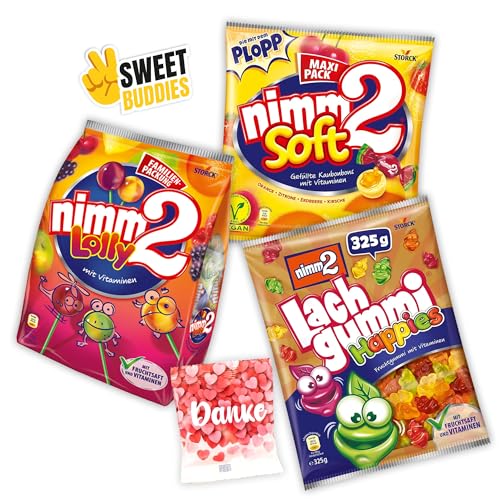 nimm2 Soft 345g Maxi Pack, nimm2 Lolly 200g & Lachgummi Happies 325g – Fruchtgummi & Kaubonbons mit Vitaminen + Trolli Herzen „Danke“ 10g & Sweet Buddies Sticker – Für Geschenkkörbe & Naschspaß von SWEET BUDDIES