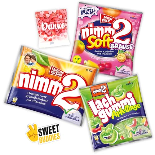 nimm2 Soft Brause 345g Maxi Pack, nimm2 Bonbons 429g & Lachgummi Apfellinge 225g – Fruchtgummi & Bonbons mit Vitaminen + Trolli Bären „Danke“ 10g & Sweet Buddies Sticker – Für Kinder & Erwachsene von SWEET BUDDIES