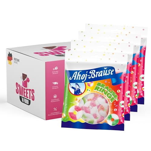 Ahoj-Brause Variationen im Set | 4x150g bis 5x150g | Fruchtgummi Ringe, Kaubonbons, Bonbons, Cola Mix, Fritten | Ahoj Klassiker (Brauseringe 4x 150g) von SWEETS´N FOOD