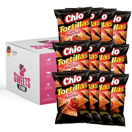 Chio Tortillas Chips Wild Paprika – Knuspriger Snack, 12 x 110g Packung | + Mit stylishem SWEETS´N FOOD Packband verpackt von SWEETS´N FOOD