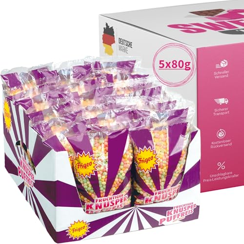 Frigeo Puffreis mit Mais | Fruchtiger Knusper-Snack | 5x80g, 15x80g, 30x80g Packungen | Dragierte Mais-Reis-Mischung (5x 80g) von SWEETS´N FOOD