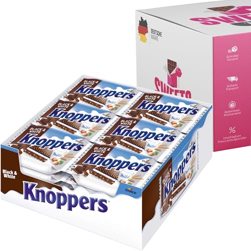 Knoppers Black & White – 24er Packung – Knusprige Waffelriegel mit cremiger Vollmilchschokolade und Nussfüllung (Box, Black&White (24x25g)) von SWEETS´N FOOD