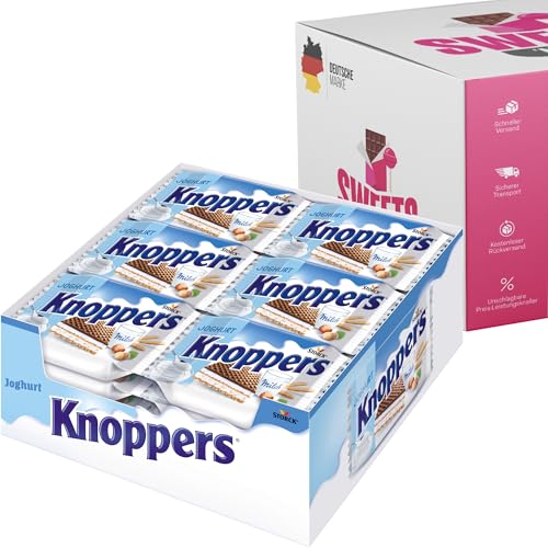 Knoppers Black & White – 24er Packung – Knusprige Waffelriegel mit cremiger Vollmilchschokolade und Nussfüllung (Box, Joghurt (24x25g)) von SWEETS´N FOOD