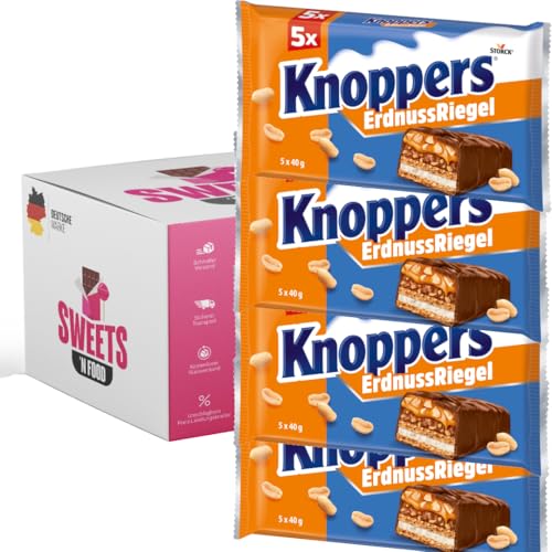 Knoppers Riegel Mix Großpackung 4 Packungen á 5x40g | Knoppers Nussriegel, Erdnussriegel, Dark Schokolade, Riegel-Set, Schokoriegel (Erdnussriegel - 4 Packungen á 5 Riegel) von SWEETS´N FOOD