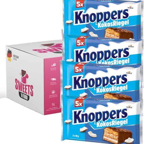 Knoppers Riegel Mix Großpackung 4 Packungen á 5x40g | Knoppers Nussriegel, Erdnussriegel, Dark Schokolade, Riegel-Set, Schokoriegel (Kokosriegel - 4 Packungen á 5 Riegel) von SWEETS´N FOOD