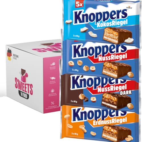 Knoppers Riegel Mix Großpackung 4 Packungen á 5x40g | Knoppers Nussriegel, Erdnussriegel, Dark Schokolade, Riegel-Set, Schokoriegel (Mix - 4 Packungen á 5 Riegel) von SWEETS´N FOOD