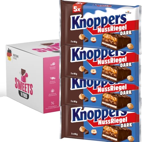 Knoppers Riegel Mix Großpackung 4 Packungen á 5x40g | Knoppers Nussriegel, Erdnussriegel, Dark Schokolade, Riegel-Set, Schokoriegel (Nussriegel Dark - 4 Packungen á 5 Riegel) von SWEETS´N FOOD