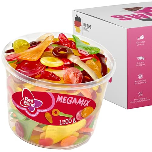 Red Band Fruchtgummi Dosen | Saure Zungen, Pilze, Schnuller & Mehr | Großpackungen für Party, Büro oder als Geschenk (Mega Mix 1300g) von SWEETS´N FOOD