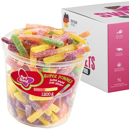 Red Band Fruchtgummi Dosen | Saure Zungen, Pilze, Schnuller & Mehr | Großpackungen für Party, Büro oder als Geschenk (Super Pommes 1200g) von SWEETS´N FOOD