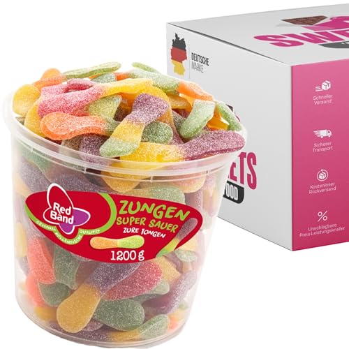 Red Band Fruchtgummi Dosen | Saure Zungen, Pilze, Schnuller & Mehr | Großpackungen für Party, Büro oder als Geschenk (Zungen Super Sauer 1200g) von SWEETS´N FOOD