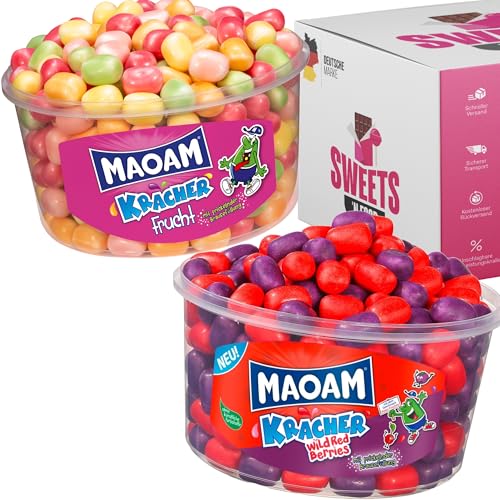 SWEETS'N FOOD Maoam Kracher - knackig, fruchtige Kaubonbons mit Brausefüllung - Fruchtkracher - Blau - Red Berries - Dose 1200 Gramm (2er Frucht Set) von SWEETS´N FOOD