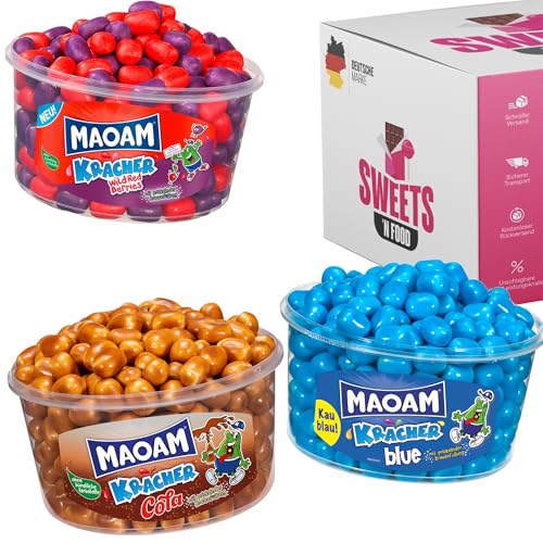 SWEETS'N FOOD Maoam Kracher - knackig, fruchtige Kaubonbons mit Brausefüllung - Fruchtkracher - Blau - Red Berries - Dose 1200 Gramm (Cola + Blue + Wild Red Berries) von SWEETS´N FOOD