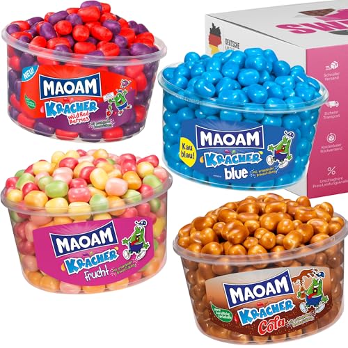 SWEETS'N FOOD Maoam Kracher - knackig, fruchtige Kaubonbons mit Brausefüllung - Fruchtkracher - Blau - Red Berries - Dose 1200 Gramm (Red Berries + Blue + Cola + Frucht) von SWEETS´N FOOD