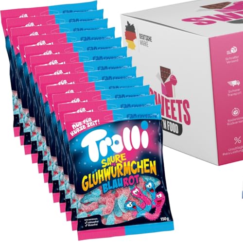 Trolli Saure Glühwürmchen Blau Rot XXL | Fruchtgummi Würmchen Mini | Saures Vergnügen in 6x150g, 12x150g, 24x150g (12x 150g) von SWEETS´N FOOD