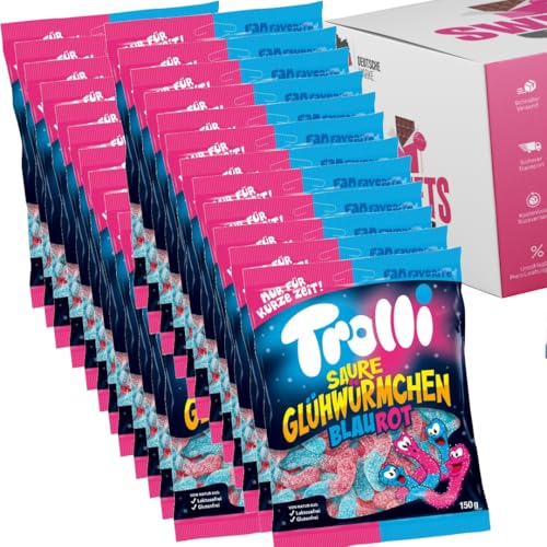 Trolli Saure Glühwürmchen Blau Rot XXL | Fruchtgummi Würmchen Mini | Saures Vergnügen in 6x150g, 12x150g, 24x150g (24x 150g) von SWEETS´N FOOD