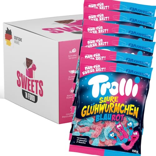 Trolli Saure Glühwürmchen Blau Rot XXL | Fruchtgummi Würmchen Mini | Saures Vergnügen in 6x150g, 12x150g, 24x150g (6x 150g) von SWEETS´N FOOD